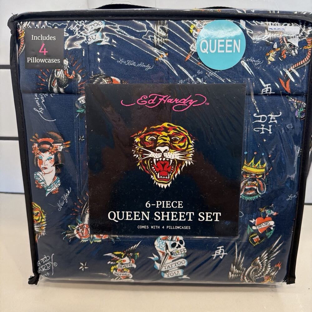 Ed Hardy Queen Sheet Set 6-Piece Blue Tattoo Skull Dagger Motorcycle Grunge NEW